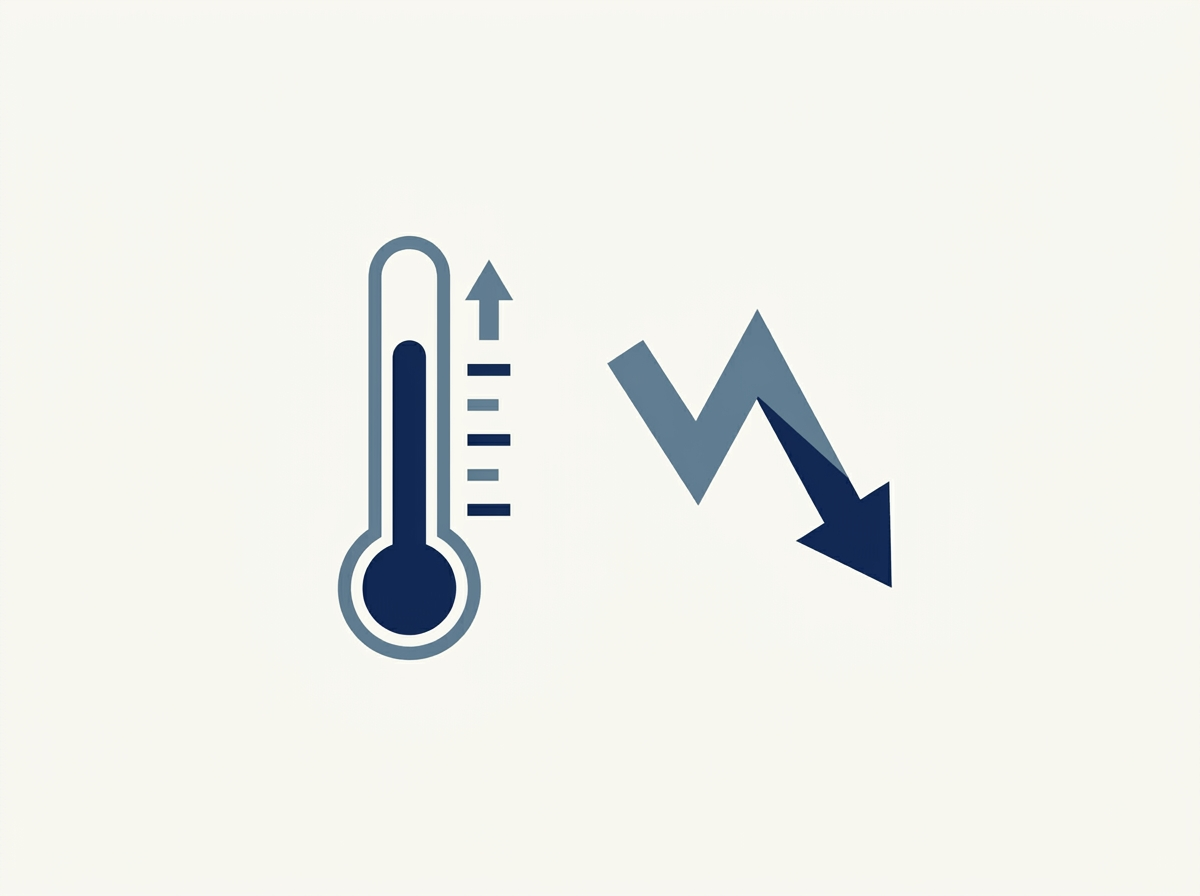 Flat illustration of a thermometer with a rising arrow beside a downward arrow representing falling power output