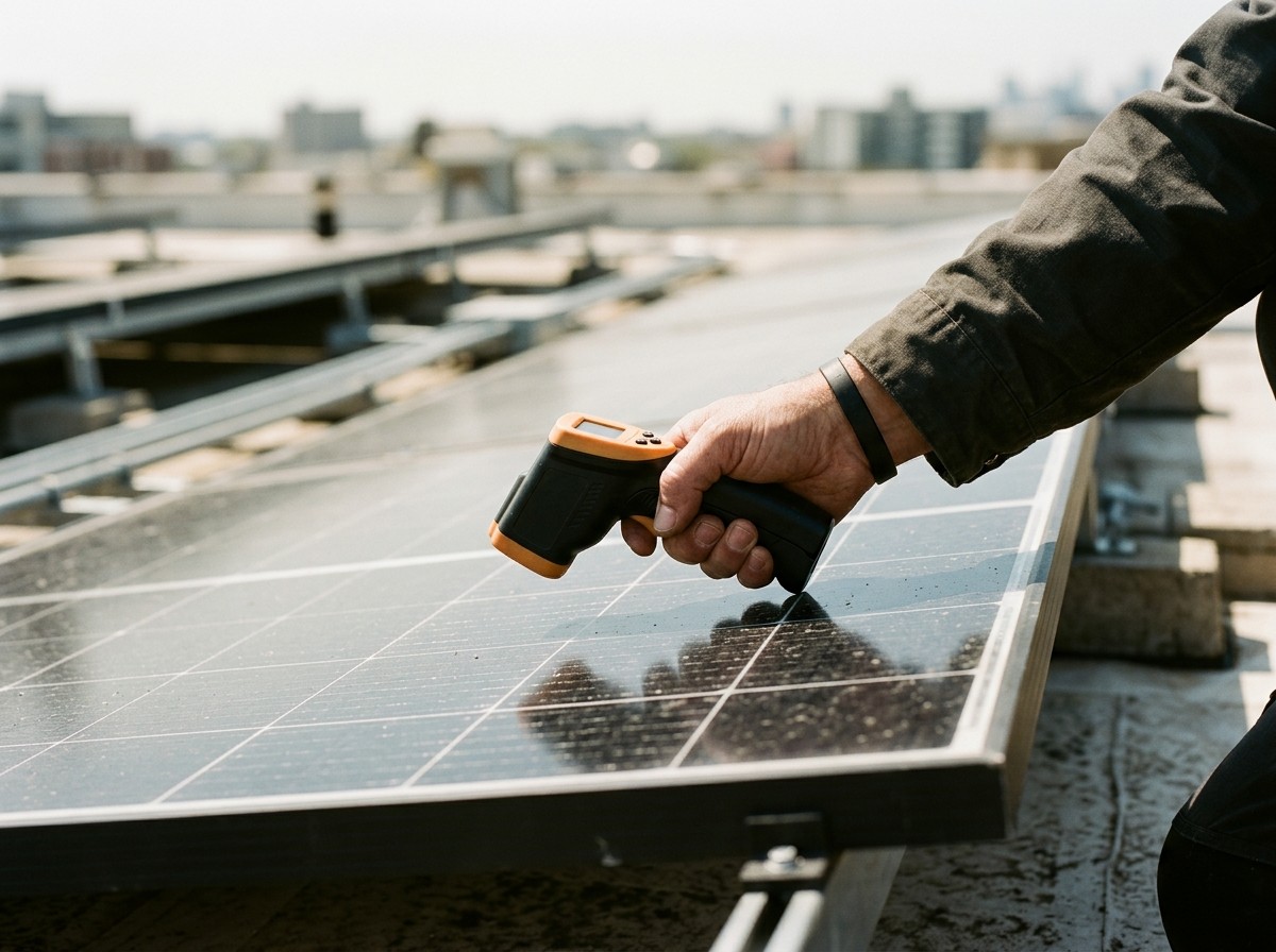 Hand holding an infrared thermometer against a rooftop solar module to measure its surface temperature