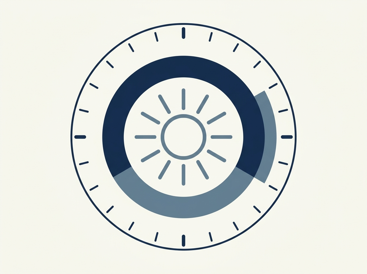 Illustration of a clock face with the ring split into two shaded periods and a sun symbol at the centre