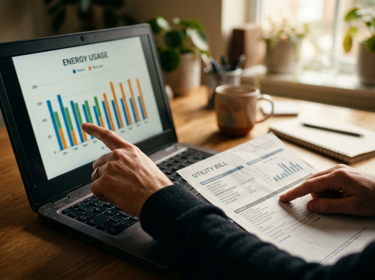 Hands comparing a bar chart of energy usage on a laptop with a printed utility bill on a desk