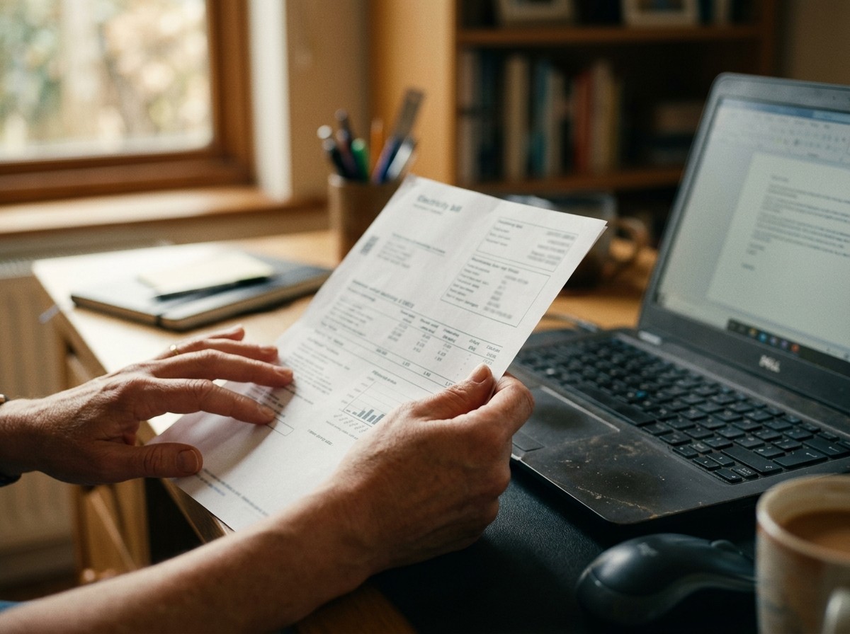 Hands holding an electricity bill above a desk with a laptop and notebook alongside