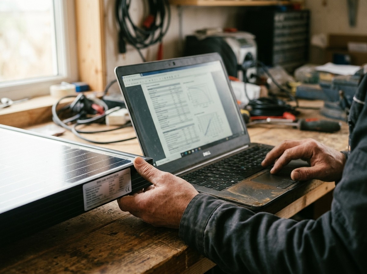 Hands holding a solar module beside its nameplate label with a laptop showing a specification table and curves