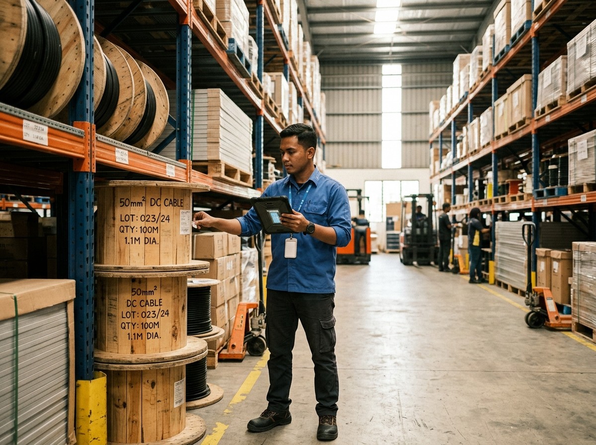 Warehouse staff member checking a stencilled DC cable drum against a handheld terminal