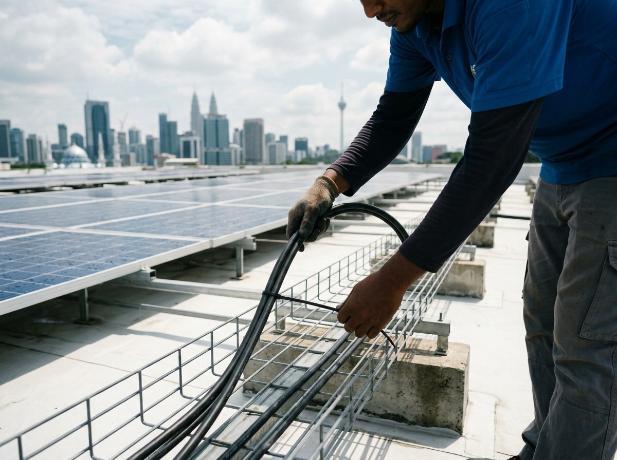 Installer laying solar DC cable into a wire-mesh cable tray on a rooftop array, with the Kuala Lumpur skyline behind