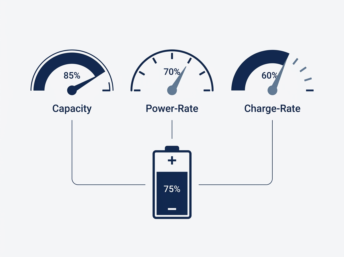 Diagram of three gauges labelled capacity, power rate and charge rate feeding a battery symbol