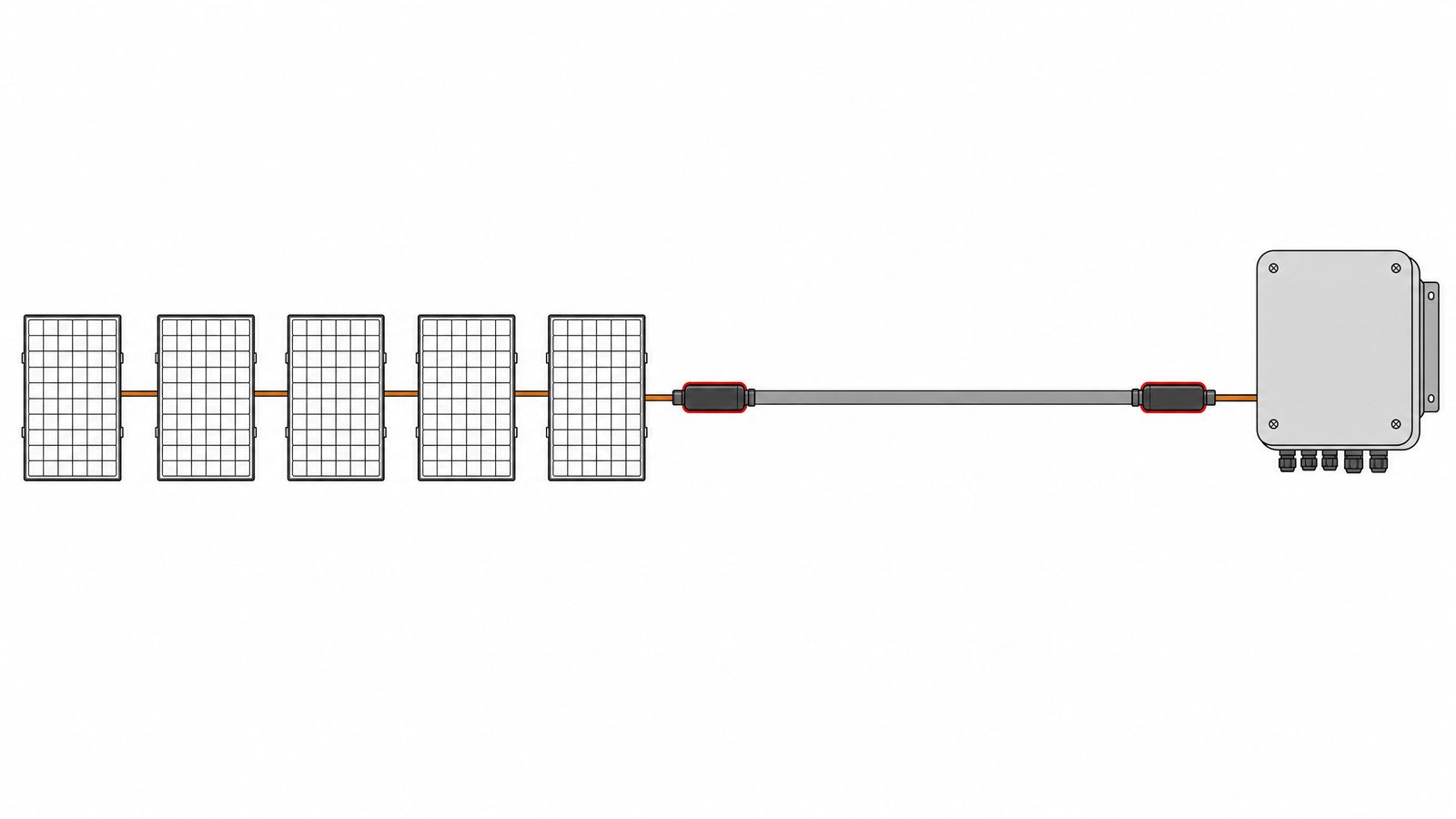 Diagram of a PV DC string with copper module leads, Cu-Al jumpers and a long aluminium cable run to the inverter