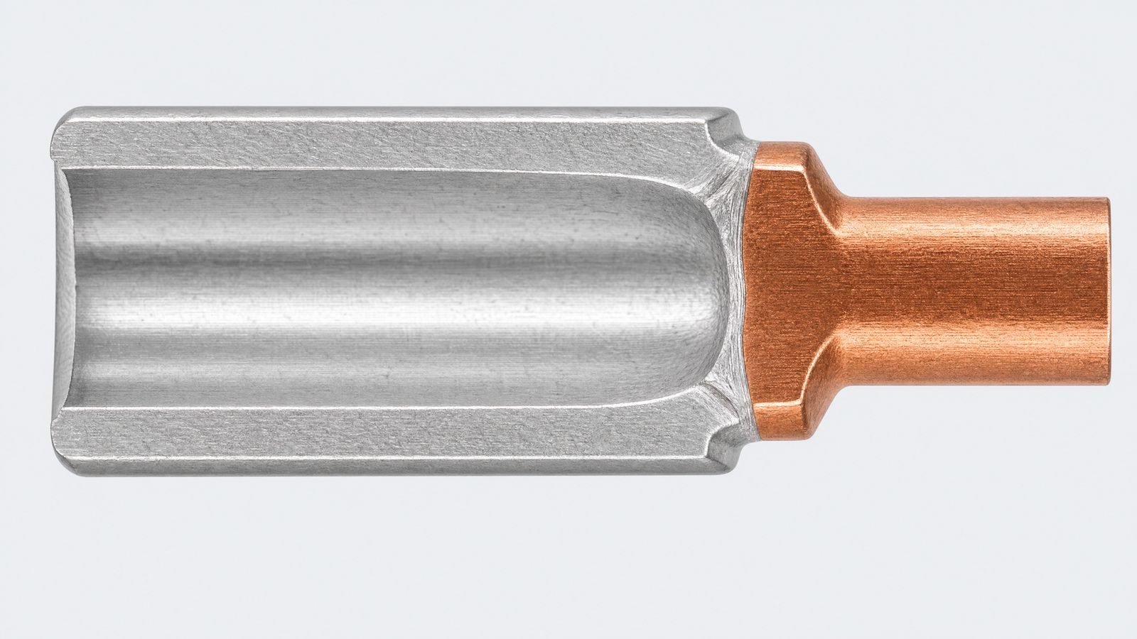 Cutaway of a friction-welded copper-aluminium transition piece, aluminium crimp barrel left, copper pin right