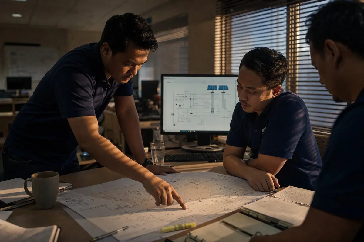 Three InverPower colleagues reviewing a printed single-line diagram with a PV layout on the monitor