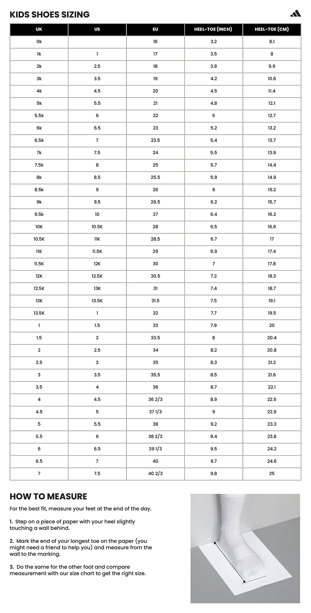 adidas girl shoes size chart