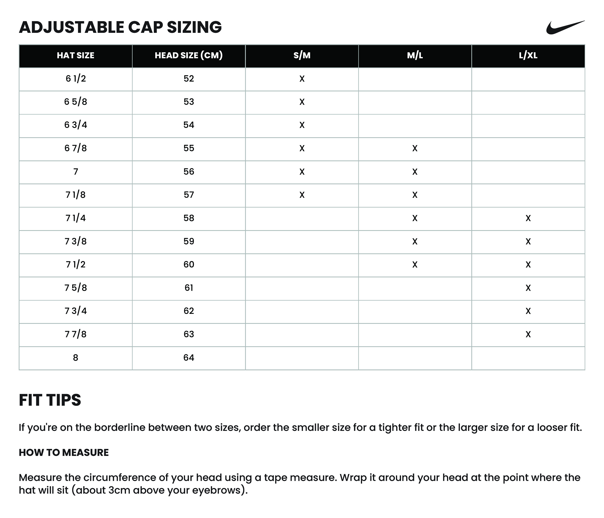 nike flex fit hat size chart
