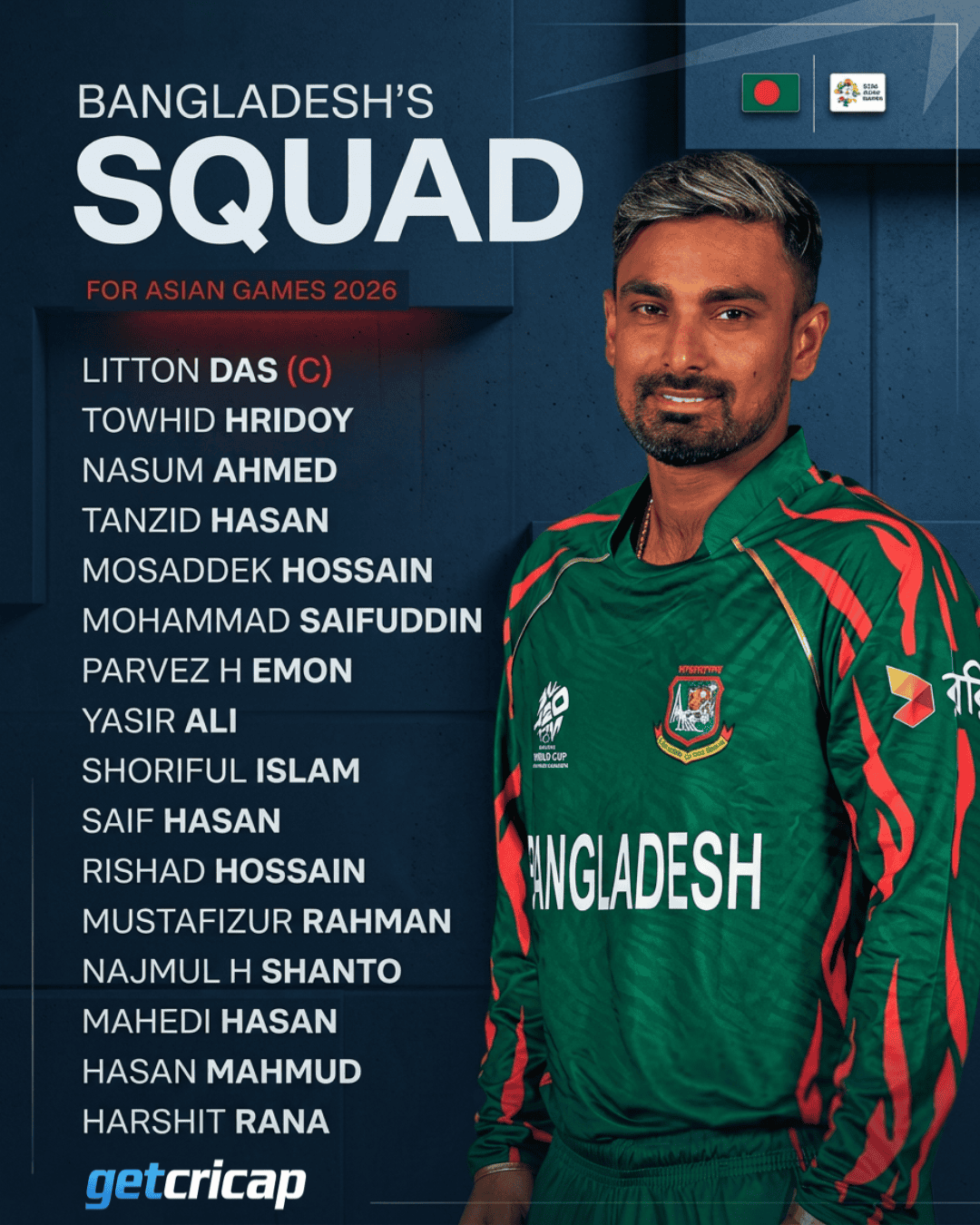 Bangladesh have announced a strong 15-member squad for the 2026 Asian Games!