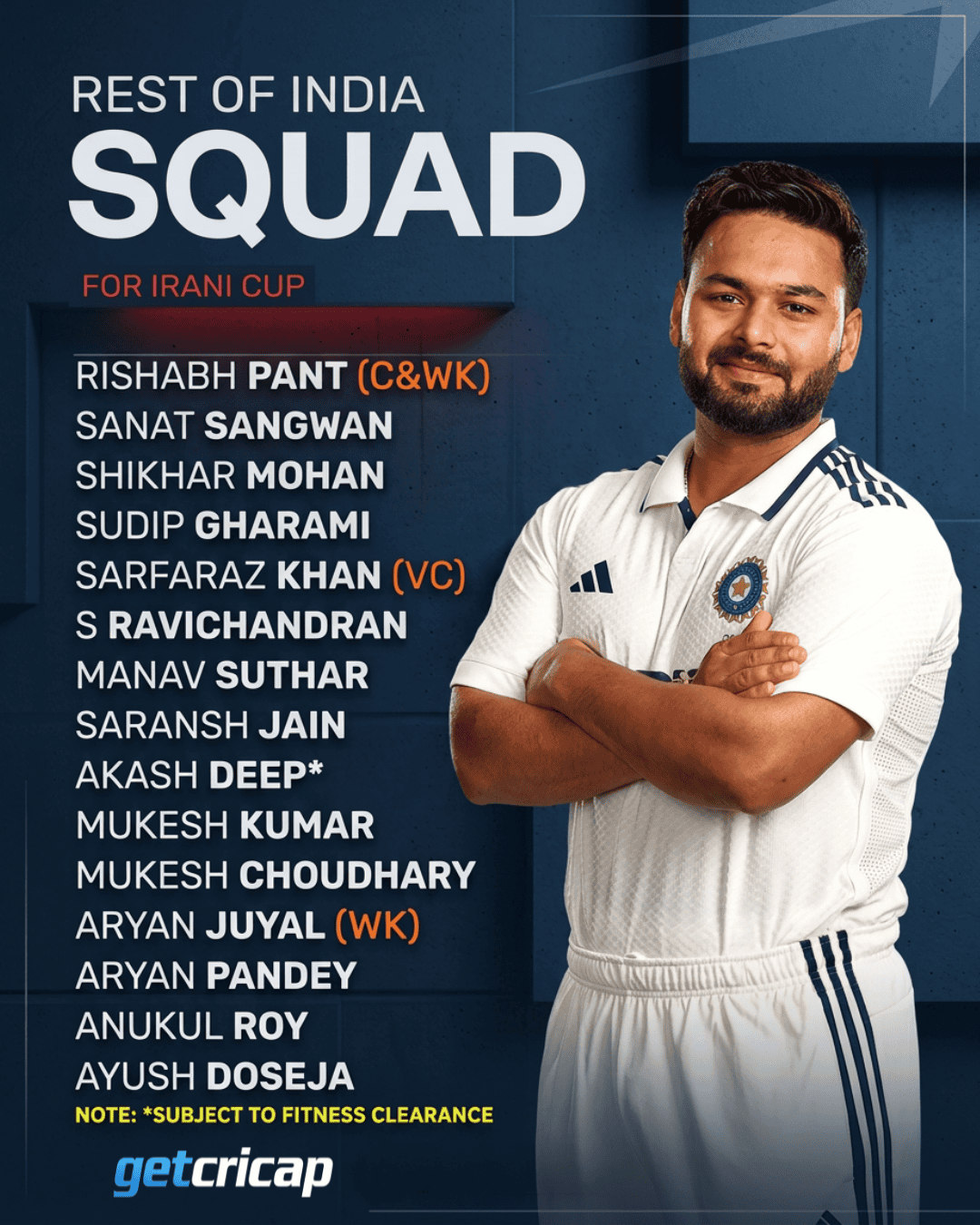 Rest of India squad announced for the Irani Cup clash against Ranji Trophy champions Jammu & Kashmir!