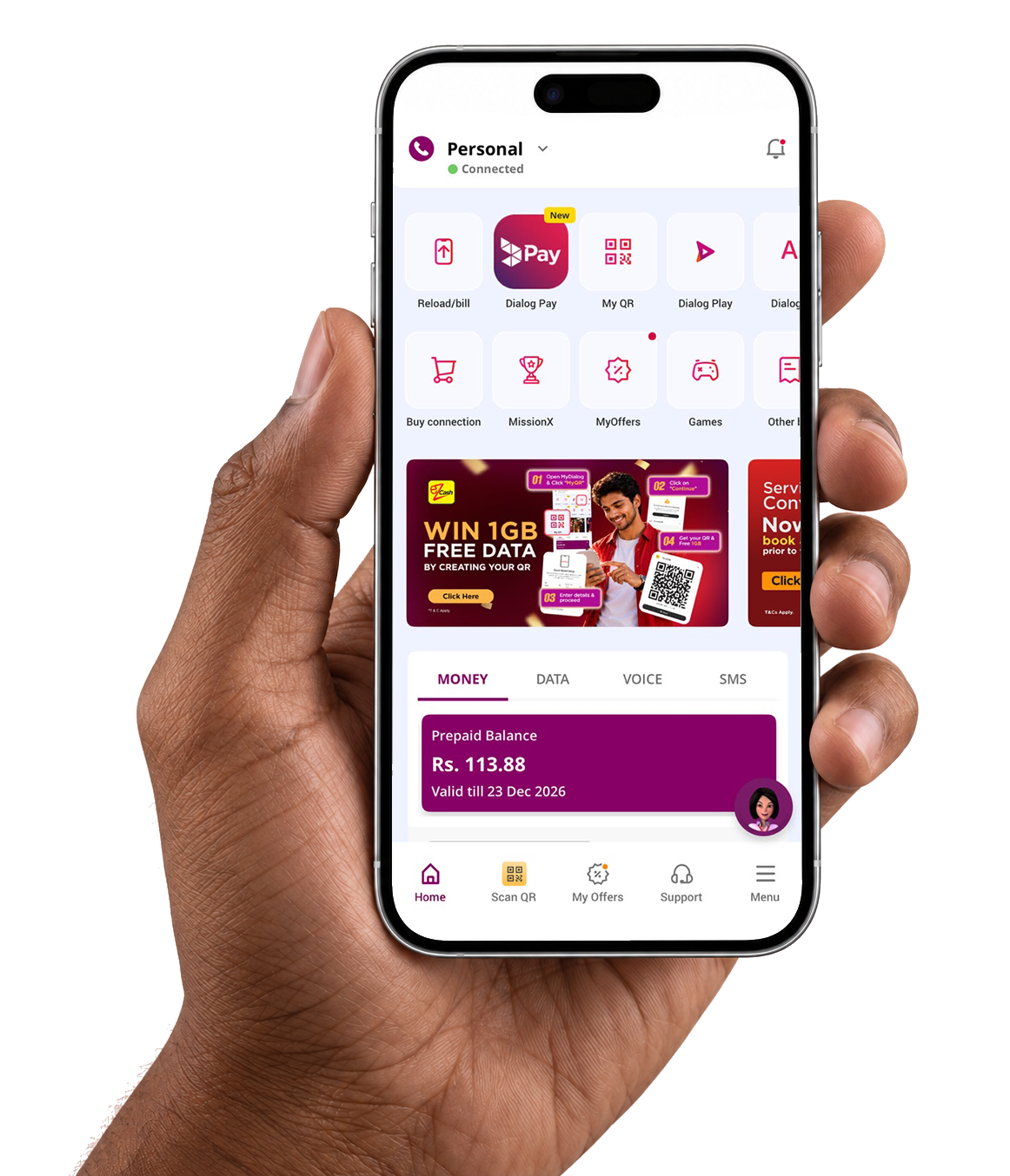 Hand holding a phone showing the Dialog engagement screen