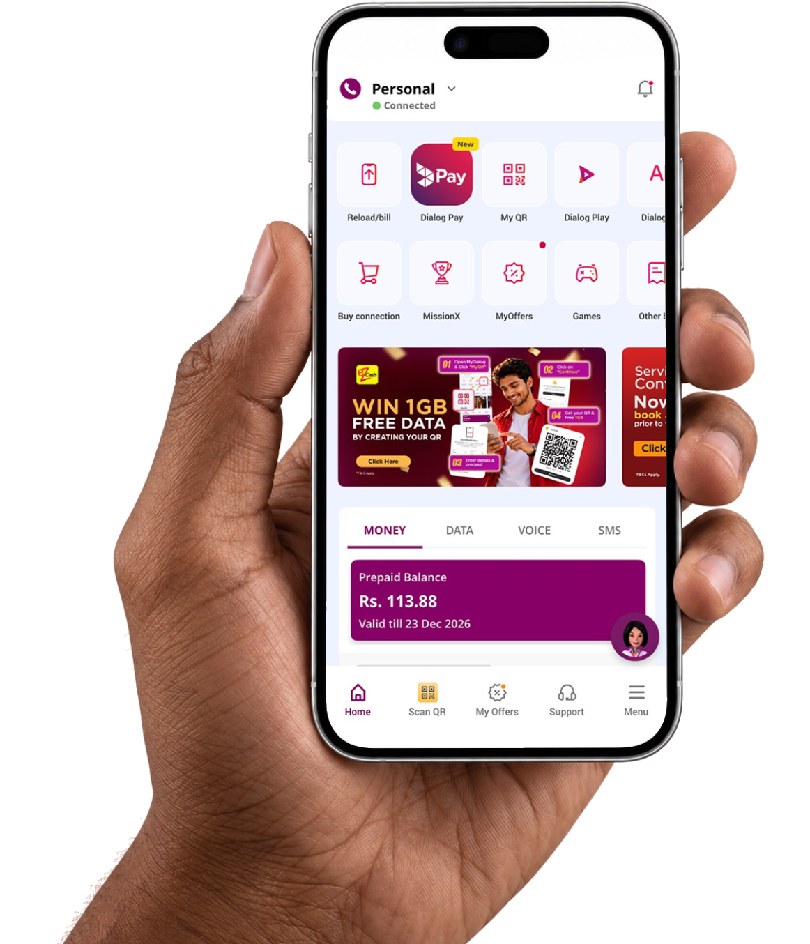 Hand holding a phone showing the Dialog payment screen
