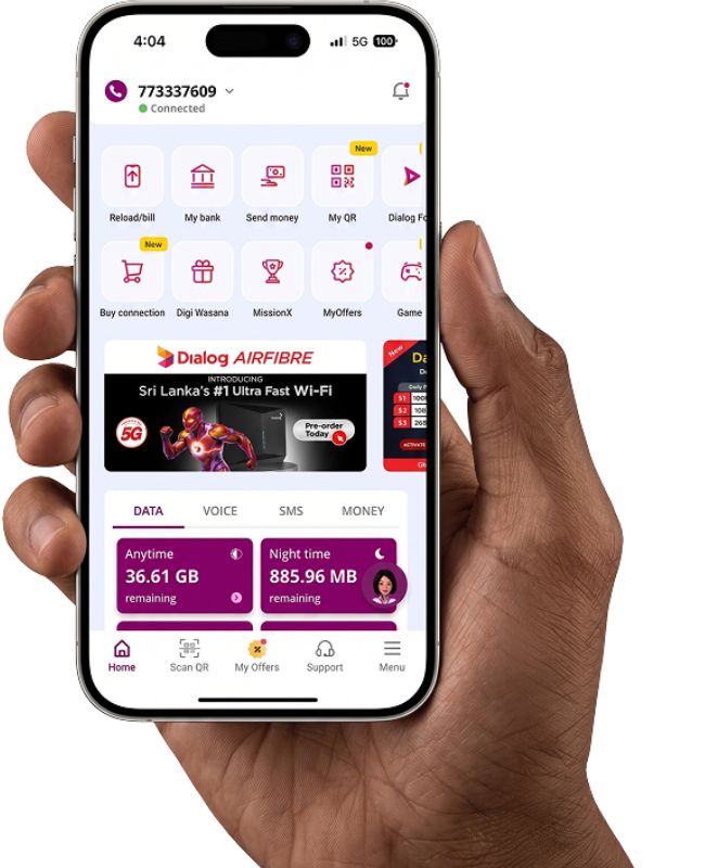 Hand holding a phone showing the Dialog self-care app home screen