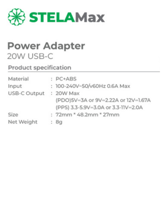 STELAMax Power Adapter 20W USB-C