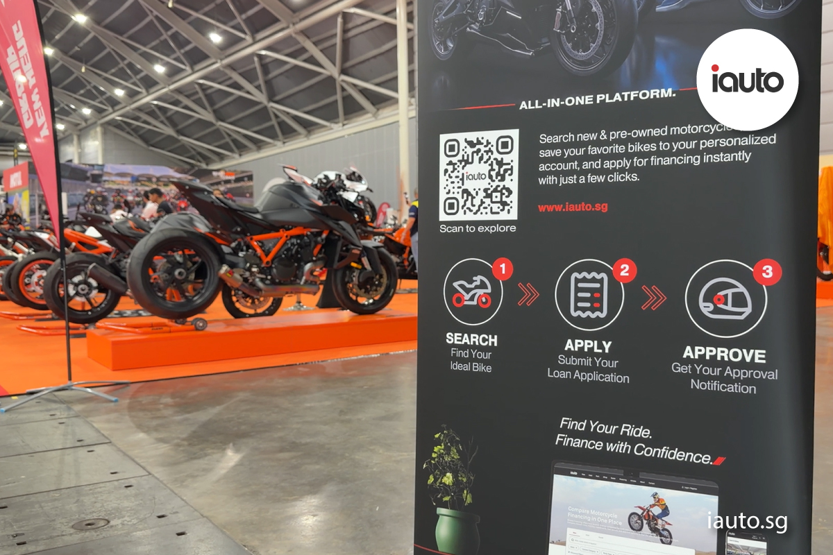A close-up of a multi-version vertical banner graphic outlining iAuto's step-by-step process: 1. Search, 2. Apply, and 3. Approve, with motorcycles visible in the background.