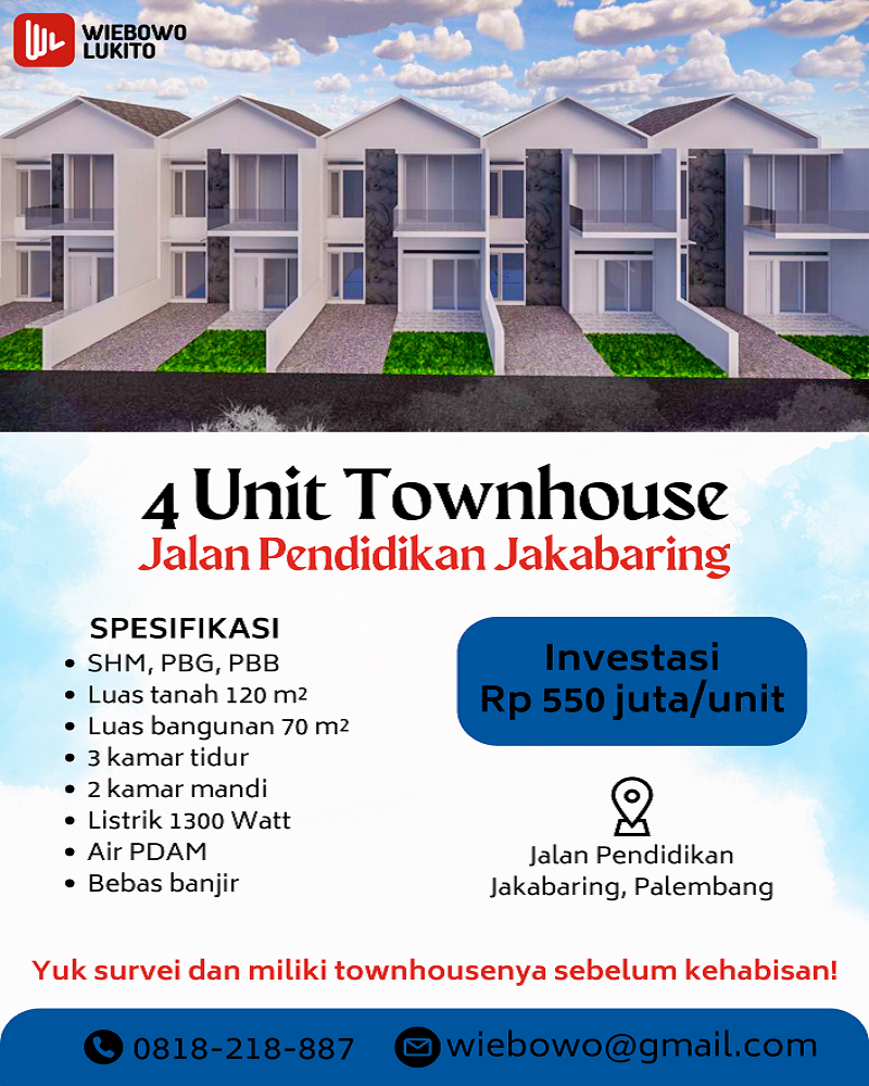 Dijual Townhouse Baru 2 Lantai di Jalan Pendidikan Jakabaring Palembang Dekat OPI Mall Jakabaring, RS Bunda Medika, Stadion Gelora Sriwijaya