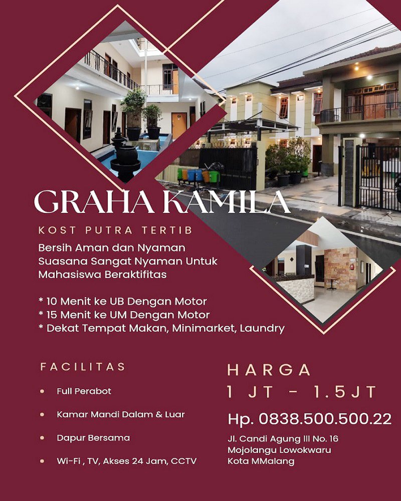 Kost Putra Dekat UB Universitas Brawijaya Malang, UM Universitas Negeri Malang, Universitas Widyagama, UMM Universitas Muhammadiyah Malang