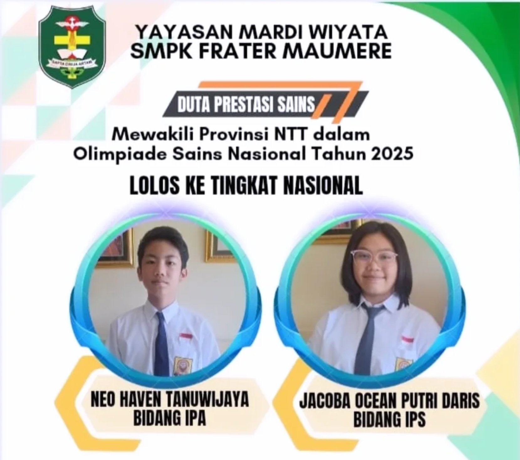 DUA PELAJAR SMPK FRATER MAUMERE WAKILI NTT KE OSN TINGKAT NASIONAL