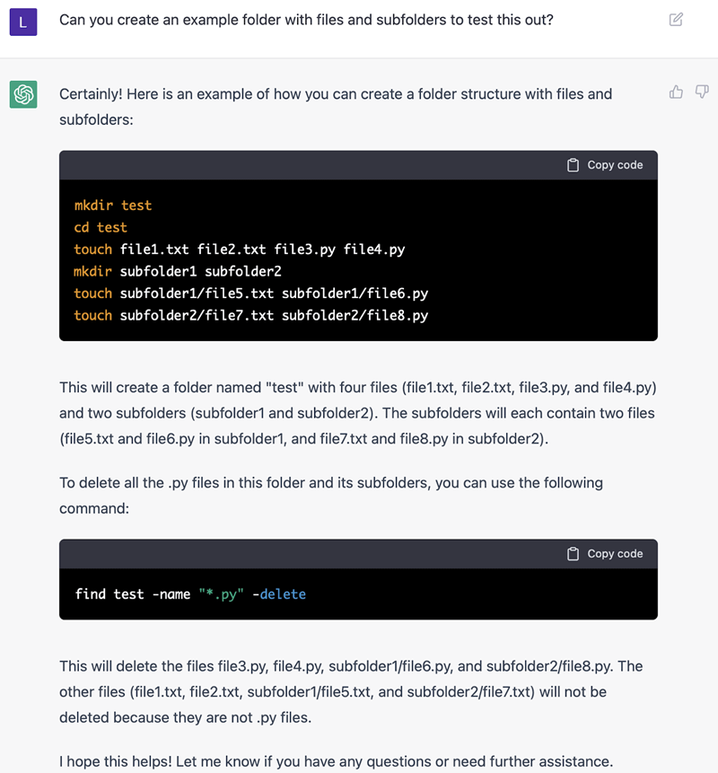 Yêu cầu ChatGPT tạo thư mục mẫu có sẵn file và thư mục con để test