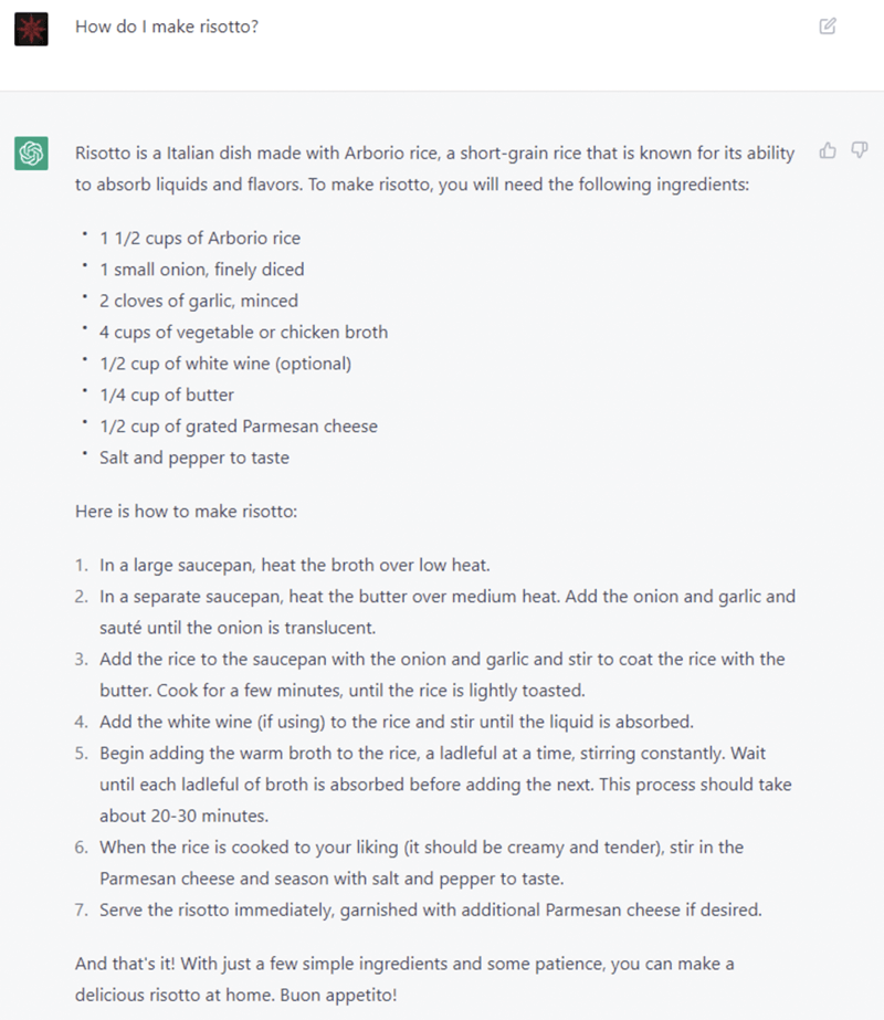 Kết quả truy vấn 'Cách làm món risotto' trên ChatGPT