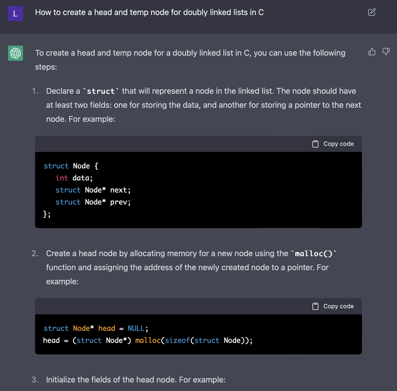 Kết quả truy vấn về Double linked list trên ChatGPT