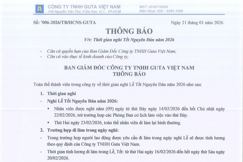 THÔNG BÁO THỜI GIAN NGHỈ TẾT NGUYÊN ĐÁN NĂM 2026