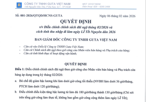 QUYẾT ĐỊNH ĐIỀU CHỈNH CHÍNH SÁCH ĐÃI NGỘ THÁNG 02/2026 VÀ CÁCH TÍNH THU NHẬP ĐI LÀM NGÀY LỄ TẾT NGUYÊN ĐÁN 2026