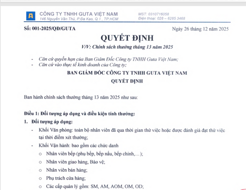 QUYẾT ĐỊNH CHÍNH SÁCH LƯƠNG THƯỞNG THÁNG 13/2025