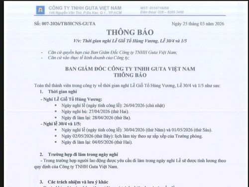 THÔNG BÁO THỜI GIAN NGHỈ LỄ GIỖ TỔ HÙNG VƯƠNG, LỄ 30/04 VÀ 01/05
