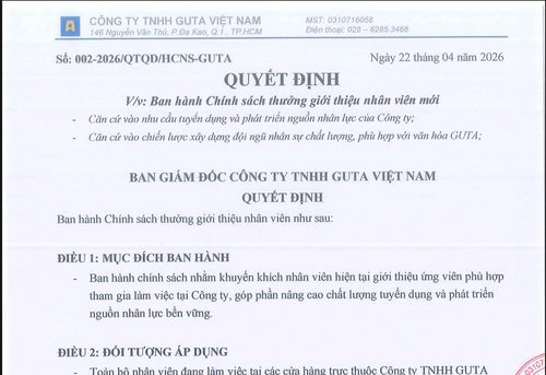 CHÍNH SÁCH THƯỞNG GIỚI THIỆU NHÂN VIÊN MỚI