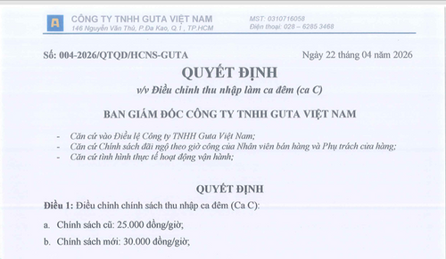 QUYẾT ĐỊNH ĐIỀU CHỈNH THU NHẬP CA ĐÊM ( CA C )