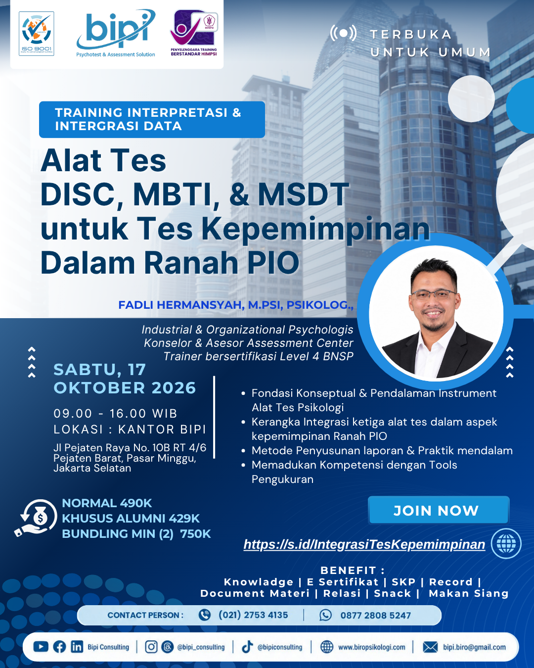 Training Interpretasi & Integrasi Data Alat Tes DISC, MBTI, & MSDT untuk Tes Kepemimpinan dalam Ranah PIO