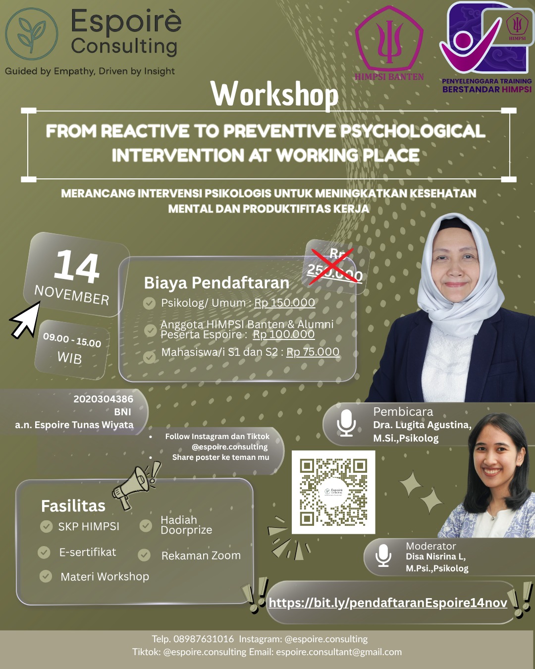 Workshop Online: FROM DIAGNOSIS TO INTERVENTION MERANCANG INTERVENSI PSIKOLOGIS YANG TEPAT UNTUK MASALAH DI TEMPAT KERJA