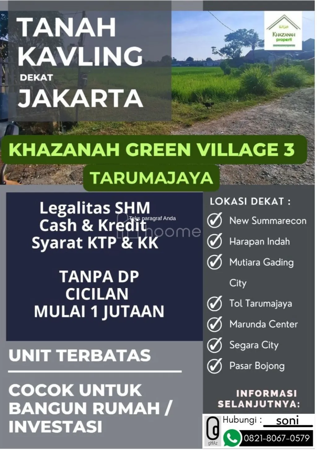 Kavling Murah Dekat HI, MGC dan Jakarta 1 Jutaan Flat di Tarumajaya Bekasi KGV3_21
