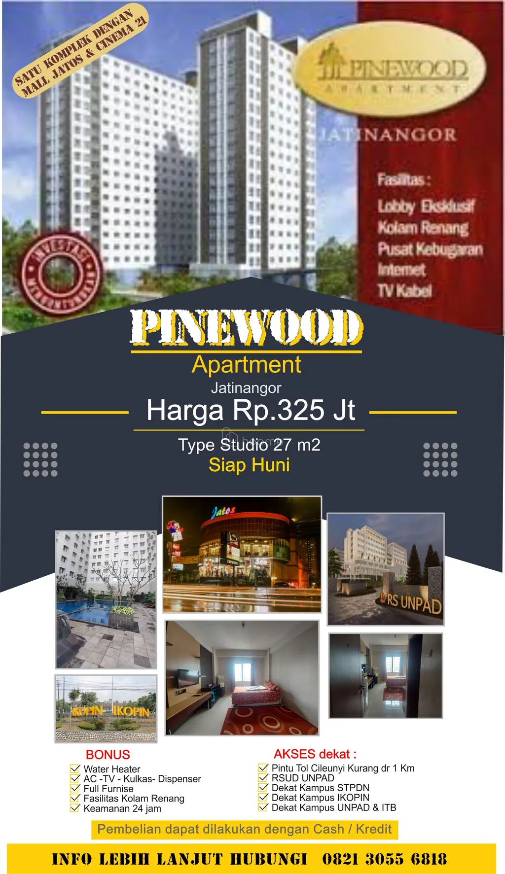 🌟 Dijual Unit Studio Pinewood Jatinangor – Lantai Tinggi, View Kolam! 🌟 — foto 3 dari 4