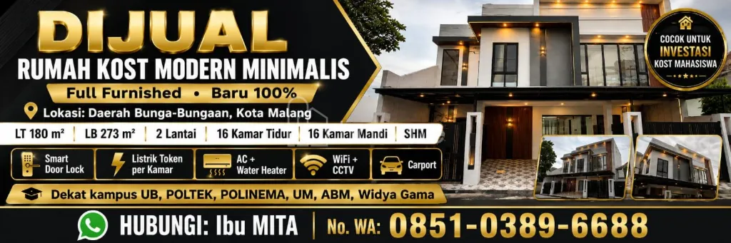 Dijual Rumah DIJUAL RUMAH KOST EKSKLUSIF BARU – KOTA MALANG — foto 1 dari 3