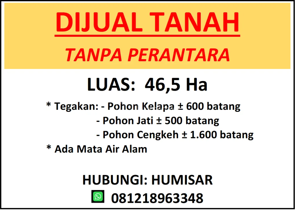 Dijual Tanah Di Pinggir Jalan Trans Sulawesi Luas 46,5 HA