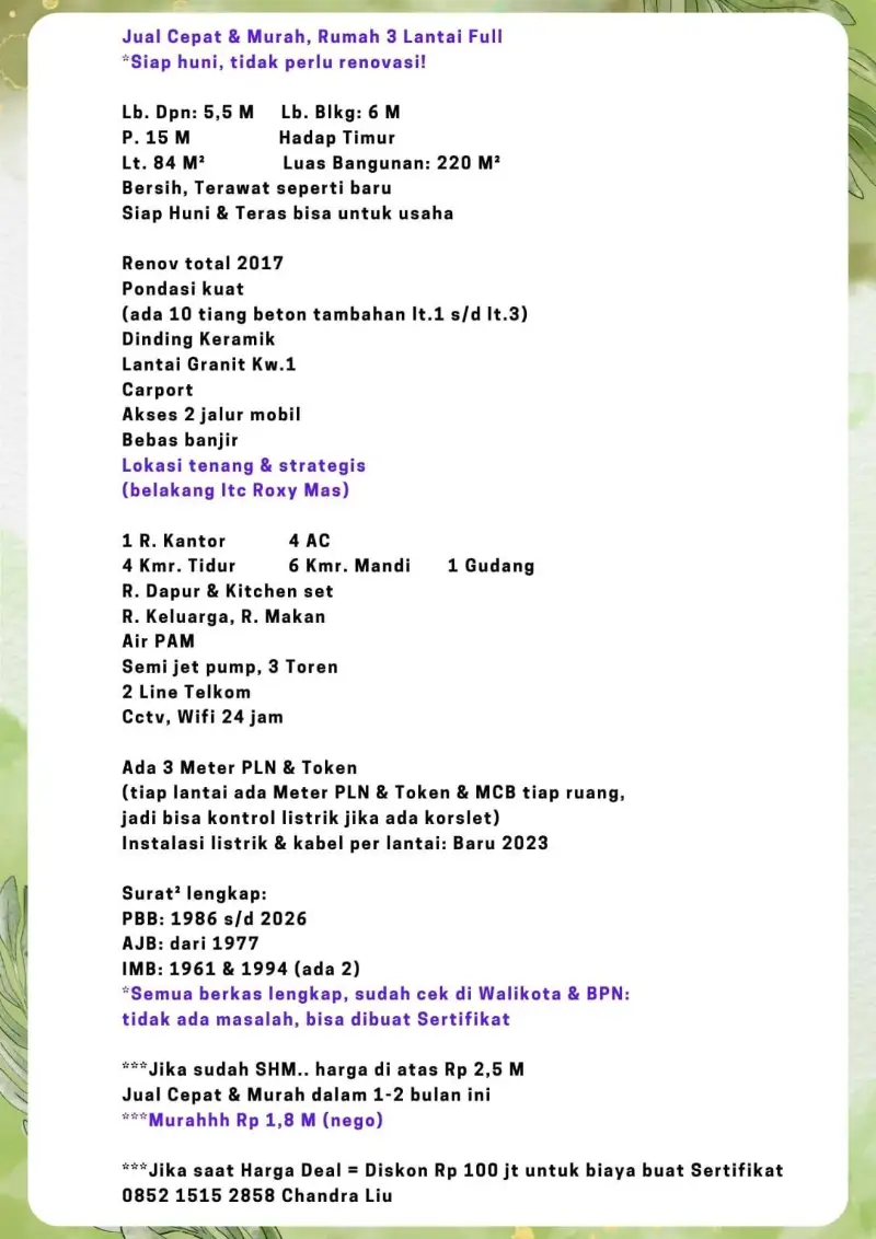 Dijual Rumah Dijual Rumah 3 Lantai Full.. Murah !!