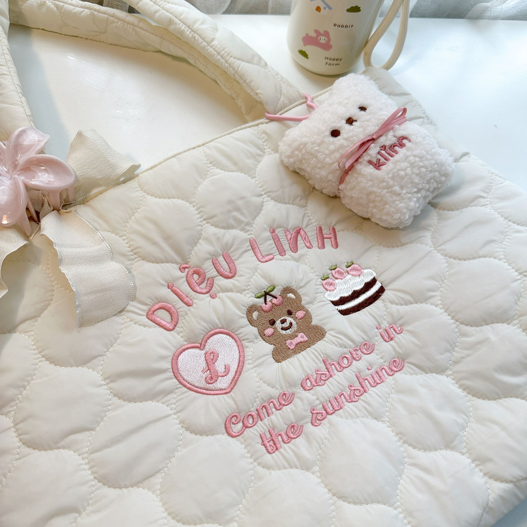 Móc bông Bear mini thêu tên