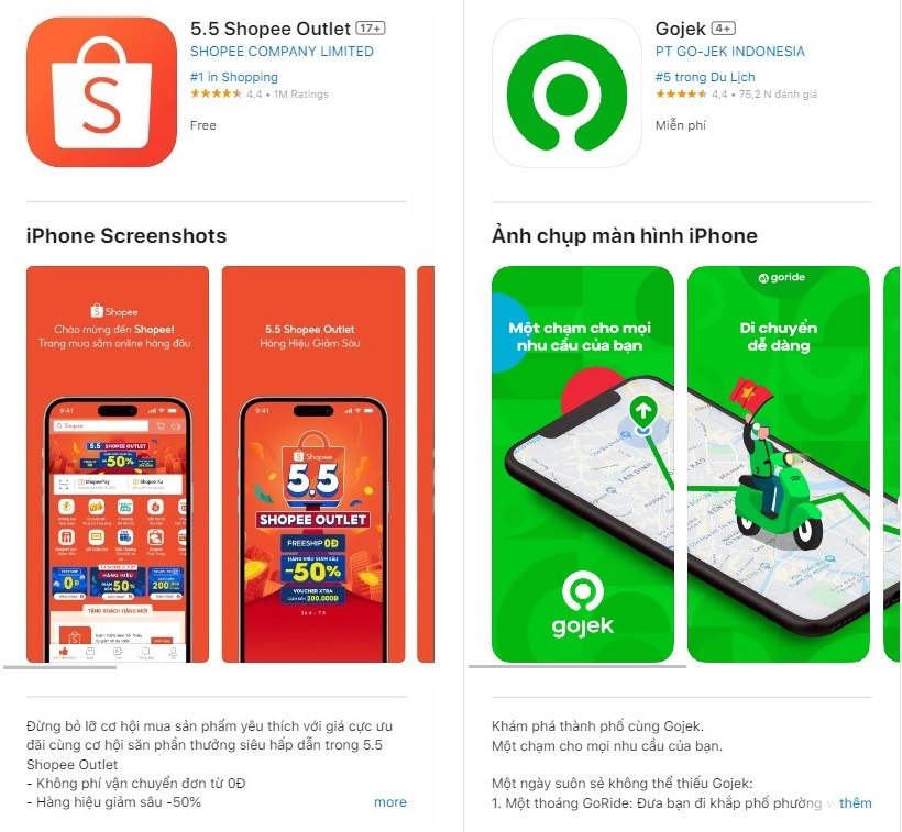 8 mẹo viết mô tả App Store giúp ứng dụng nổi bật và thu hút người dùng 1 Ví dụ về mô tả thu hút người dùng ngay từ câu đầu tiên (ứng dụng shopee outlet và gojek trên app store)