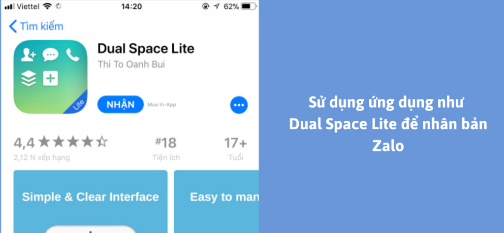 Sử dụng ứng dụng như dual space lite để nhân bản zalo