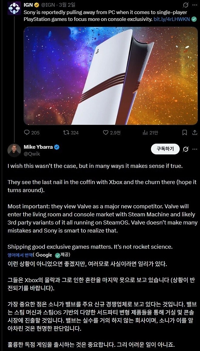 XBOX는 완전히 끝났다, 소니는 이제 밸브를 주요 신규 경쟁업체로 보고 있다