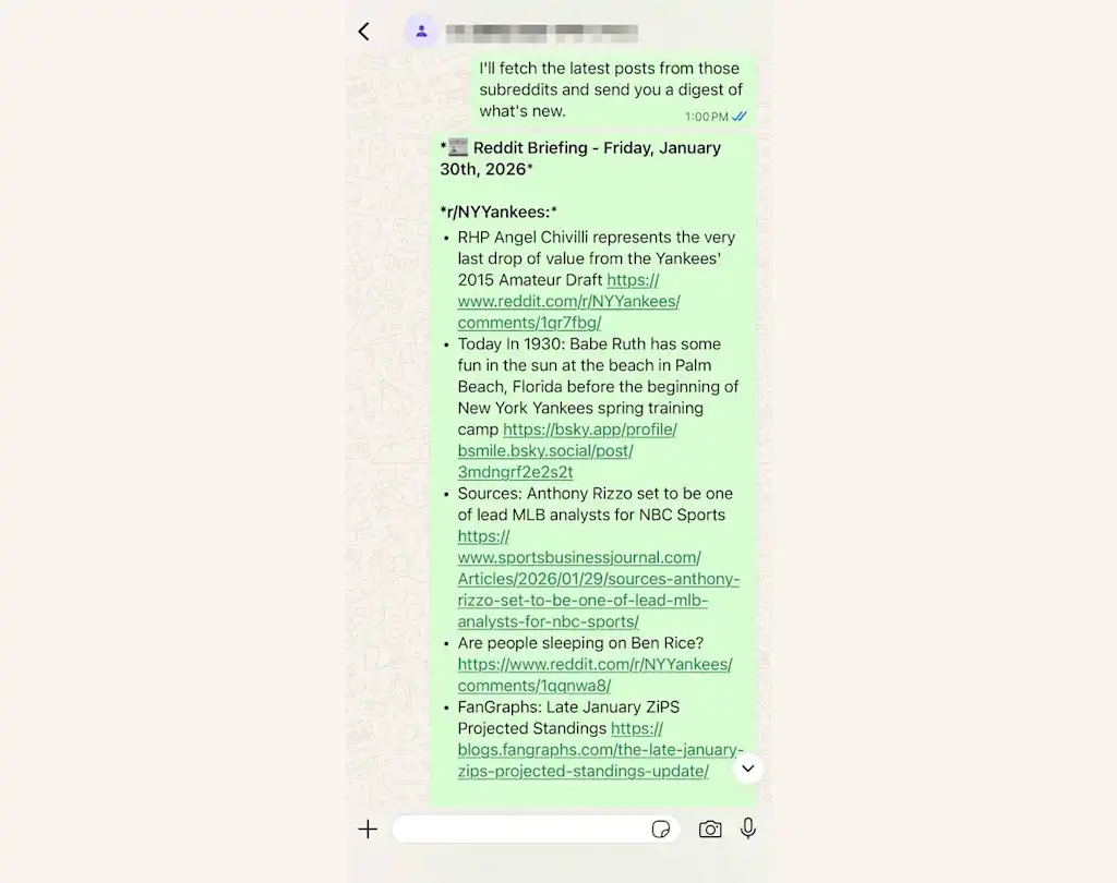 채팅으로 오픈클로와 대화하는 모습