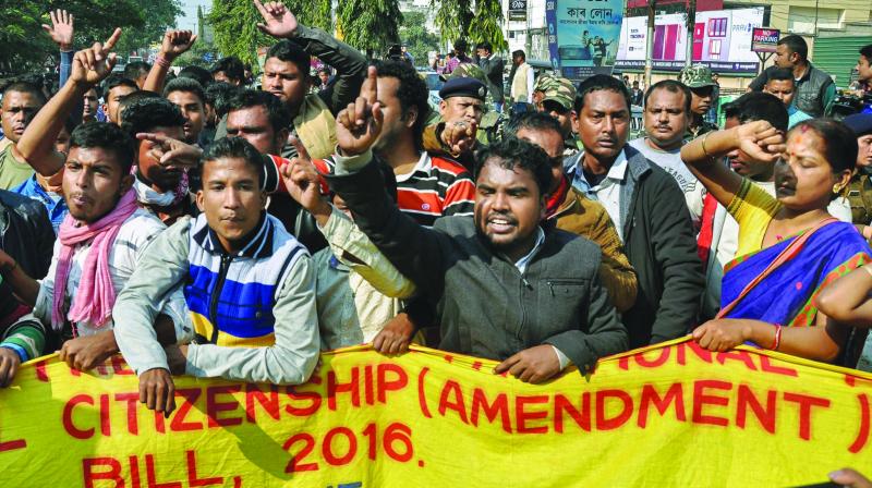 Activists of various indigenous organisations stage a protest rally in front of Assam Secretariat against the Citizenship (Amendment) Bill, 2019, in Guwahati