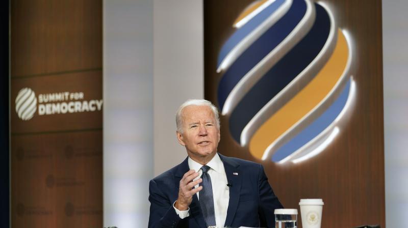 President Joe Biden speaks from the South Court Auditorium on the White House complex in Washington, Thursday, Dec. 9, 2021, for the opening of the Democracy Summit. (AP)