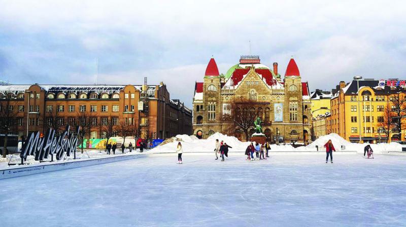 The skating rink outside the main Helsinki Central Station