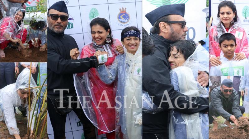 Pics: Amid heavy rain, Kajol, Jackie participate in tree plantation drive