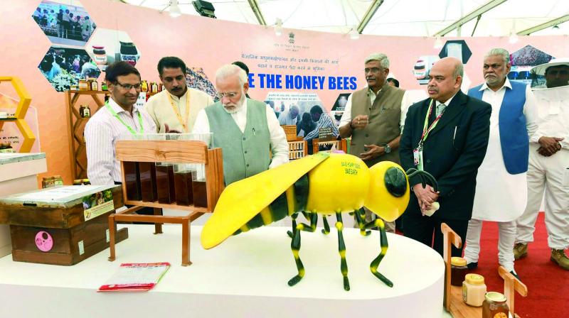 Prime Minister Narendra Modi visits a stall during the inauguration of  Krishi Unnati Mela 2018  in New Delhi. (Photo: PTI)